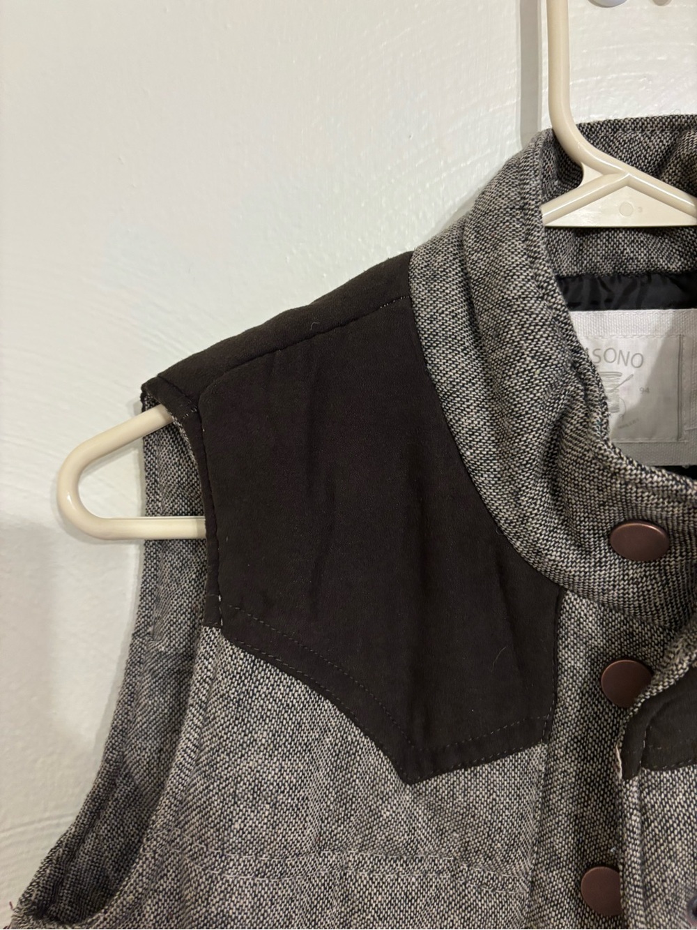 Ci Sono Quilted Puffer Vest Small Brown Gray Wool Blend Snap Front Western Yoke - Picture 6 of 8